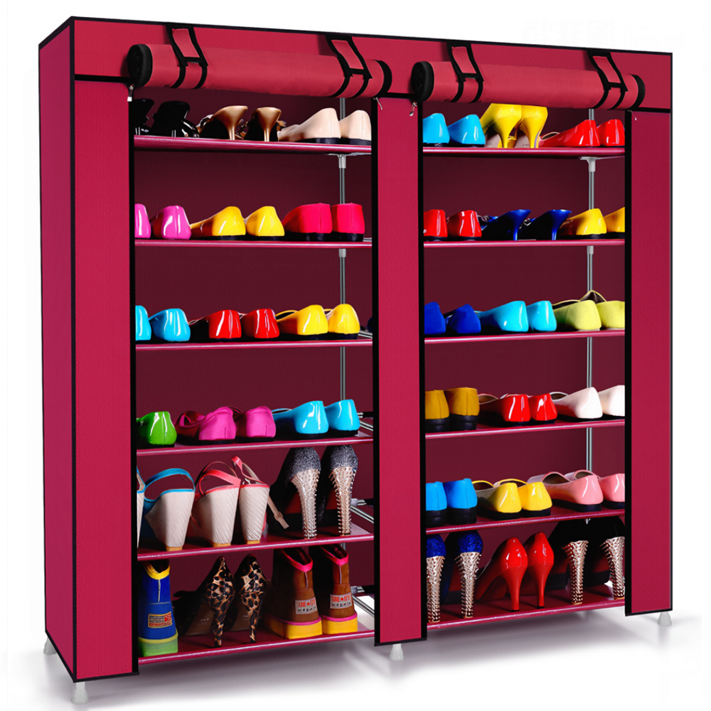 Pantofar din Material Textil pentru Incaltaminte Lodi1488, impermeabil, 12 rafturi, inchidere fermoar, cadru otel, 108 cm, rosu
