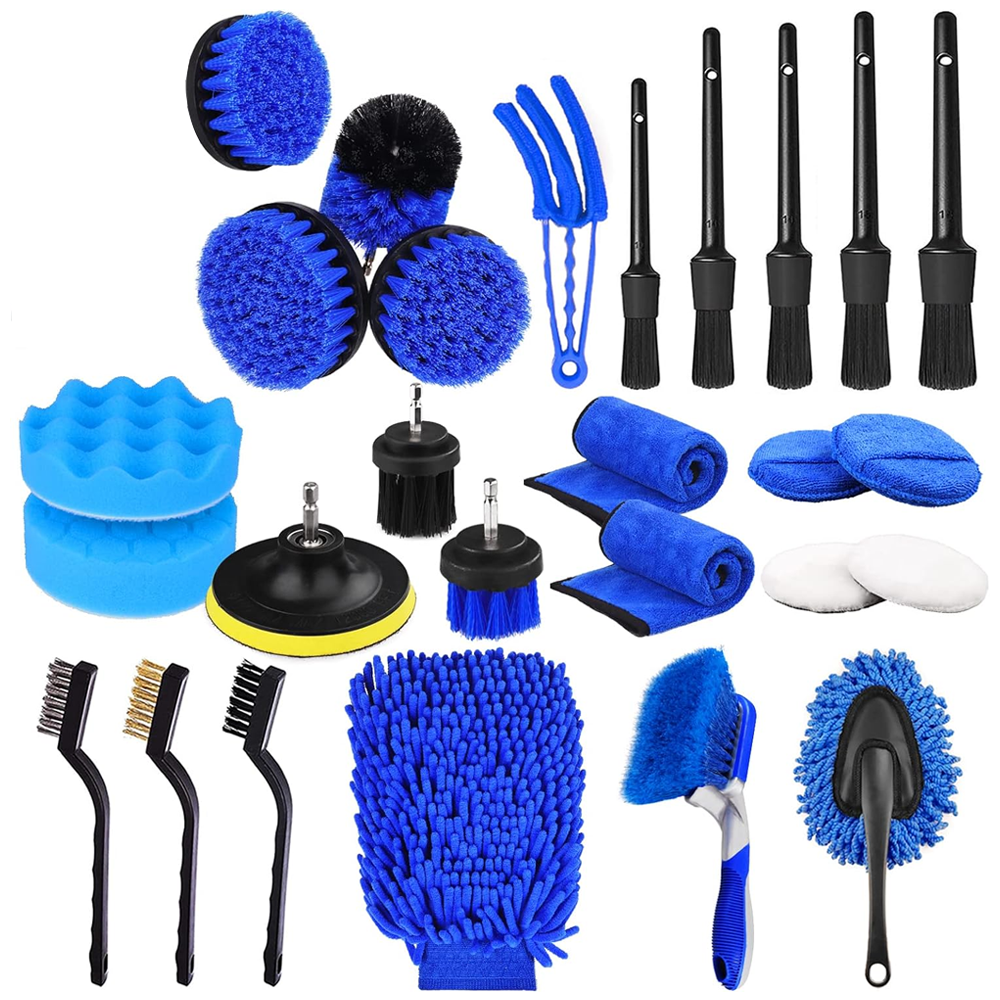 Set Premium 26 Piese Detailing Auto Lodi677, curatare masina Interior-exterior, 5 pensule detaliu, burete aplicator, laveta microfibra, perii aer conditionat, perii de zimtate, manusa microfibra fata-verso, albastru