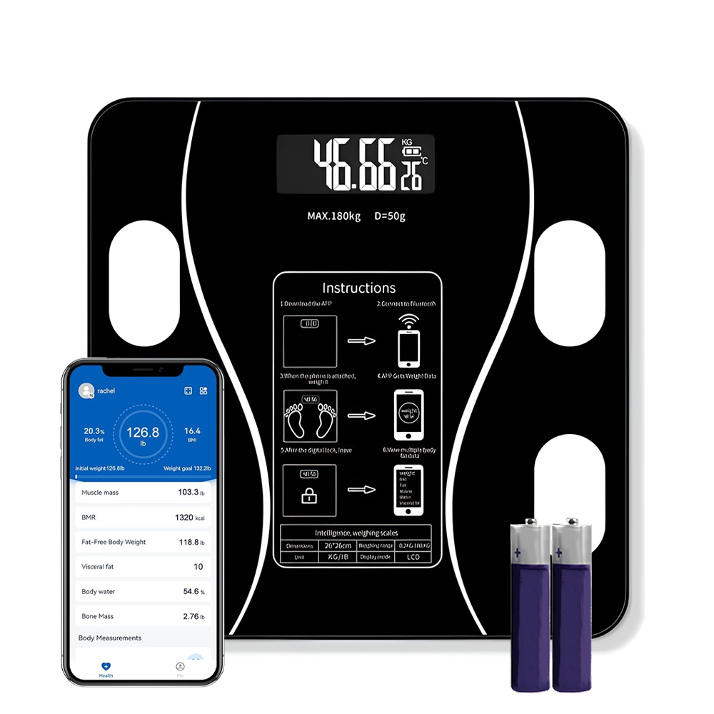 Cantar Electronic Inteligent Lodi1285, pentru baie, corporal, aplicatie smart, indicator greutate/baterie/temperatura, conectare bluetooth, afisaj digital iluminat, greutate maxima suportata 180 kg, baterii incluse, negru