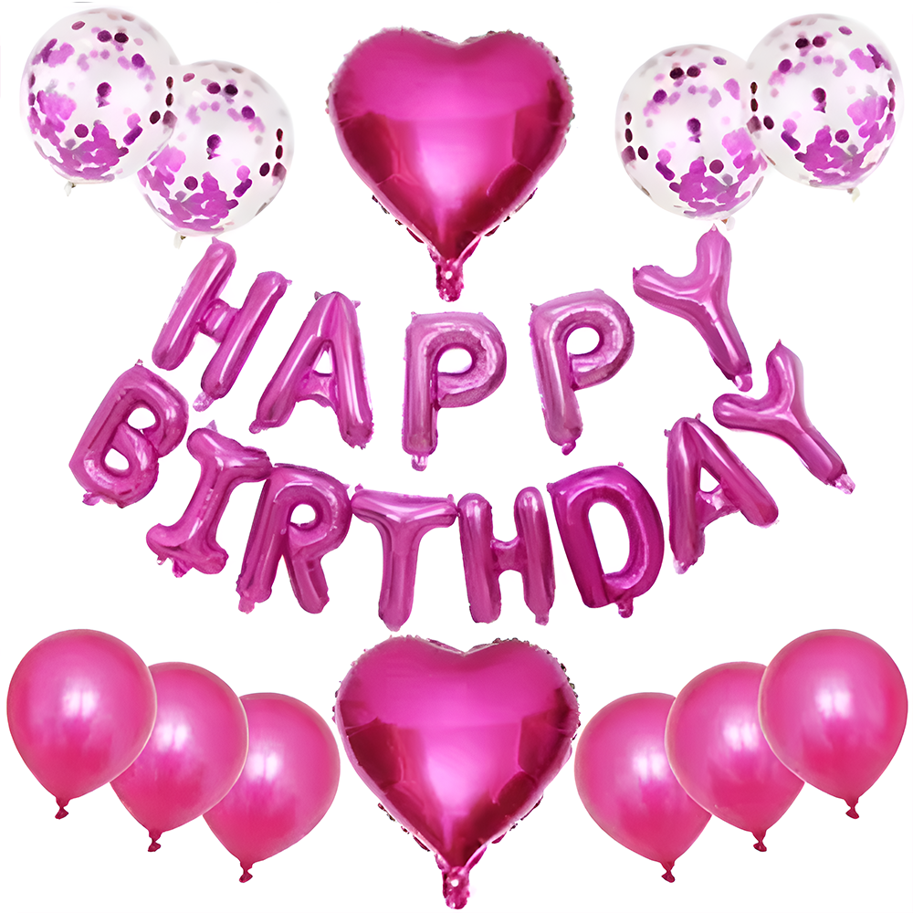 Set 25 Baloane Lodi755, Litere, pentru Petreceri/Aniversari/Evenimente, confetti, inimioare, model HAPPY BIRTHDAY, roz