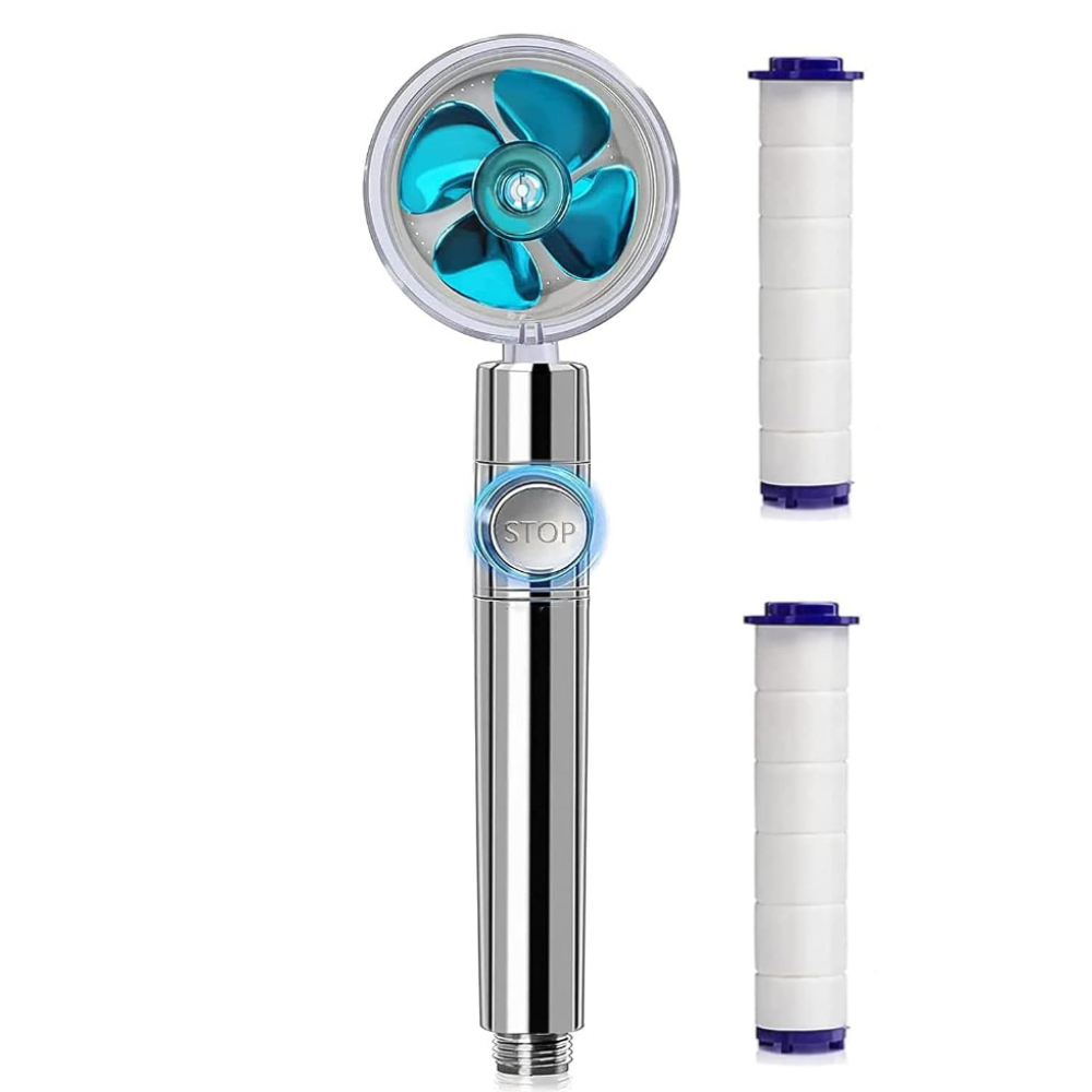 Para de Dus Turbo Lodi196, 2 filtre extra, buton On/Off, presiune ajustabila, filtrare apa, jet uniform, cap Rotativ 360°, albastru