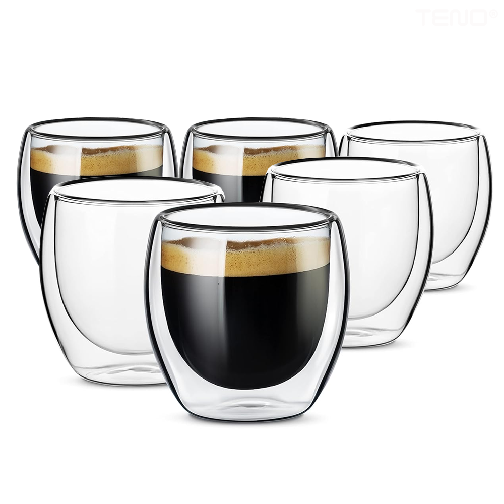 Set 6 Pahare din Sticla cu Perete Dublu Lodi1000, termorezistente, design modern, capacitate 250 ml, 9 x 8 cm