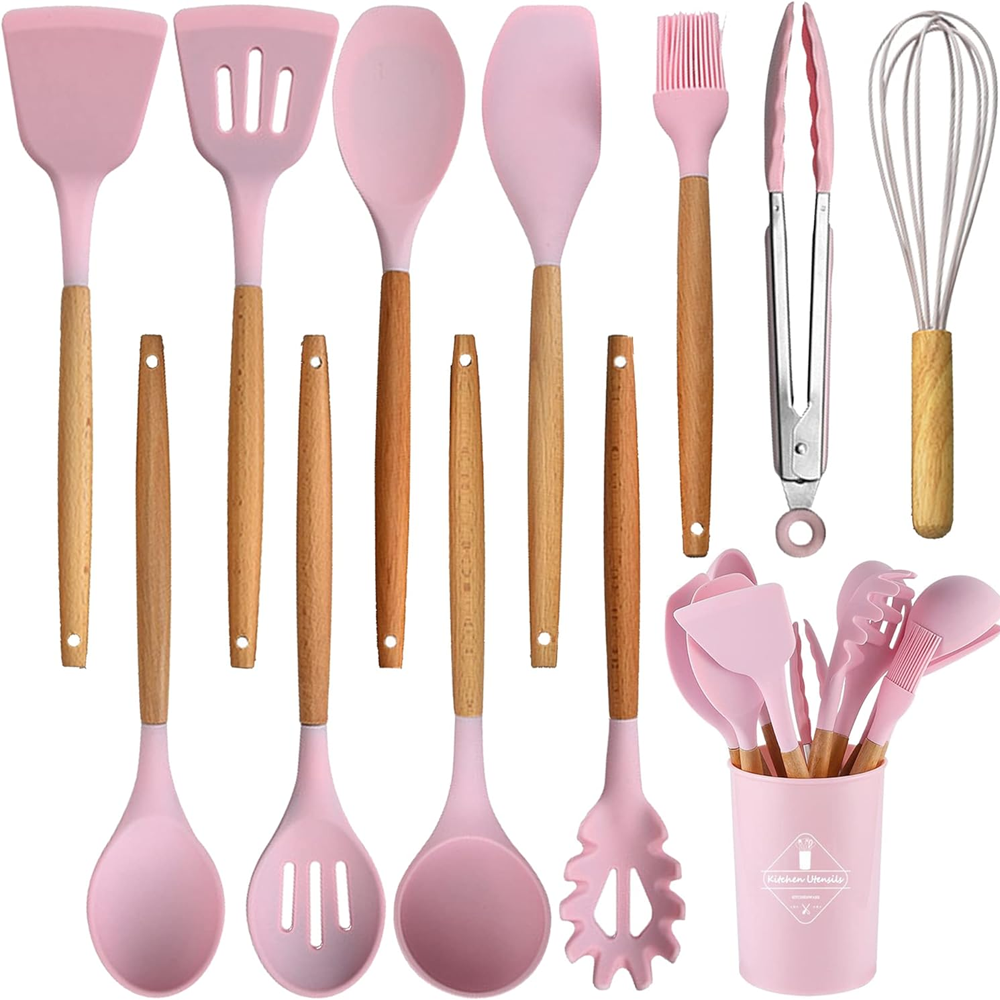 Set Ustensile Bucatarie 12 Piese Silicon Alimentar Lodi1496, termorezistente, antiaderente, sigure, suport inox, roz