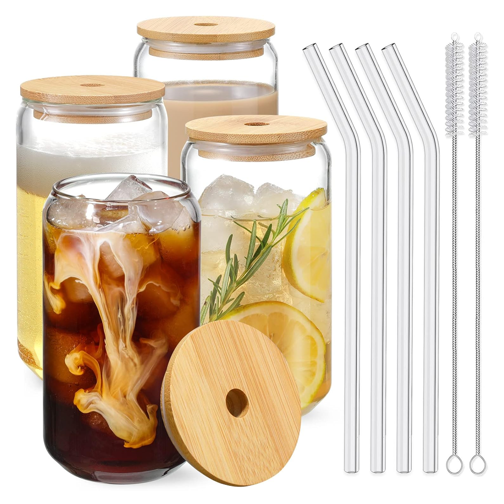 Set 4 Pahare de Sticla cu Capac si Pai Lodi1005, sticla borosilicata, perie pentru curatare inclusa, capac din bambus, design modern, termorezistente, capacitate 500 ml, 15 cm