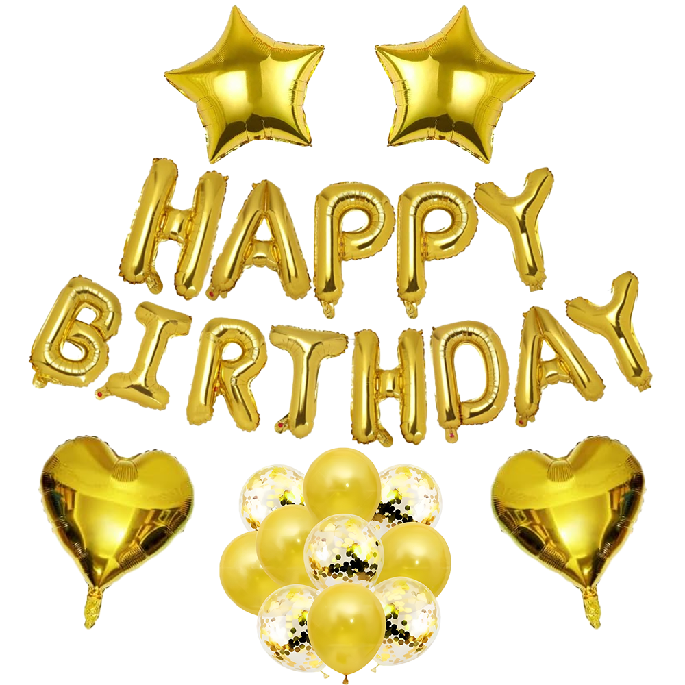 Set 27 Baloane Lodi768, Litere, pentru Petreceri/Aniversari/Evenimente, confetti, stelute, inimioare, model HAPPY BIRTHDAY, gold