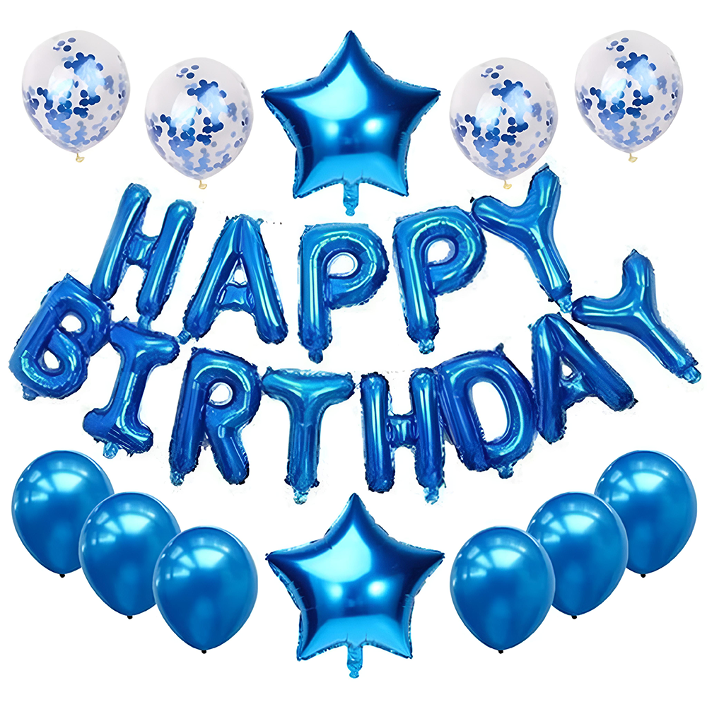 Set 25 Baloane Lodi756, Litere, pentru Petreceri/Aniversari/Evenimente, confetti, stelute, model HAPPY BIRTHDAY, albastru
