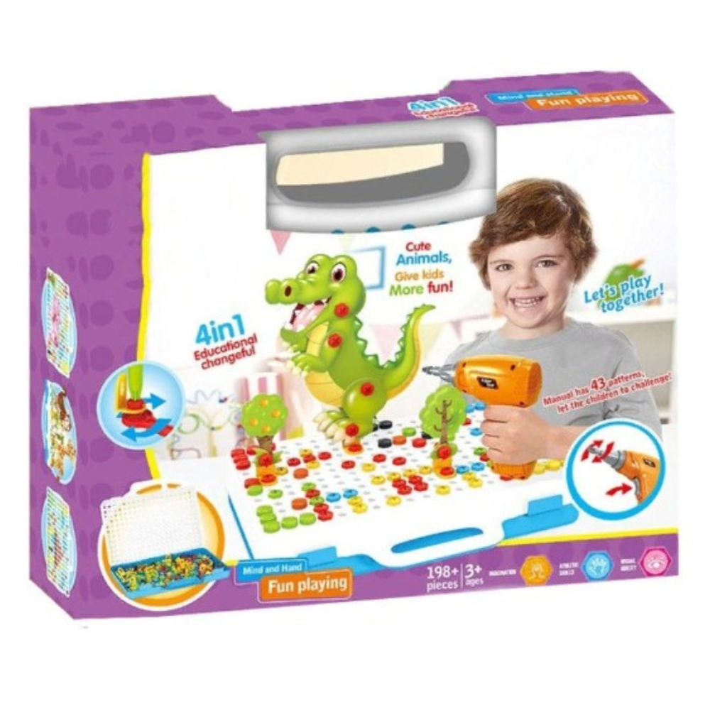 Jucarie Educativa si Interactiva 4in1 Lodi512, 198 piese, bormasina pentru inginerie, pentru fete si baieti, manual inclus, puzzle 3D/2D, dezvoltare STEM, montessori, multicolor