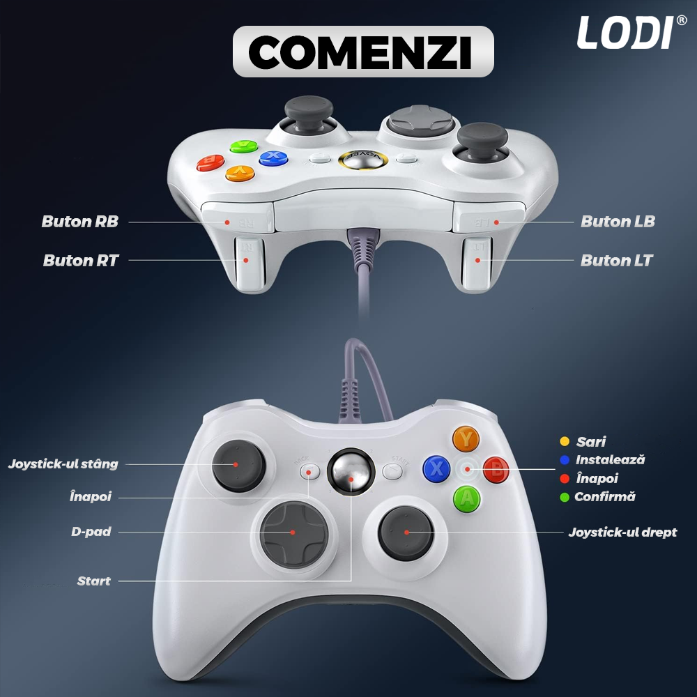 Controller de Joc cu Fir Lodi1426, compatibil cu Xbox 360/Slim/PC Windows 7/8/10, vibrații duble turbo cu 3 intensități, sensitivitate ridicată, cablu cu lungime de 2.5 m, alb