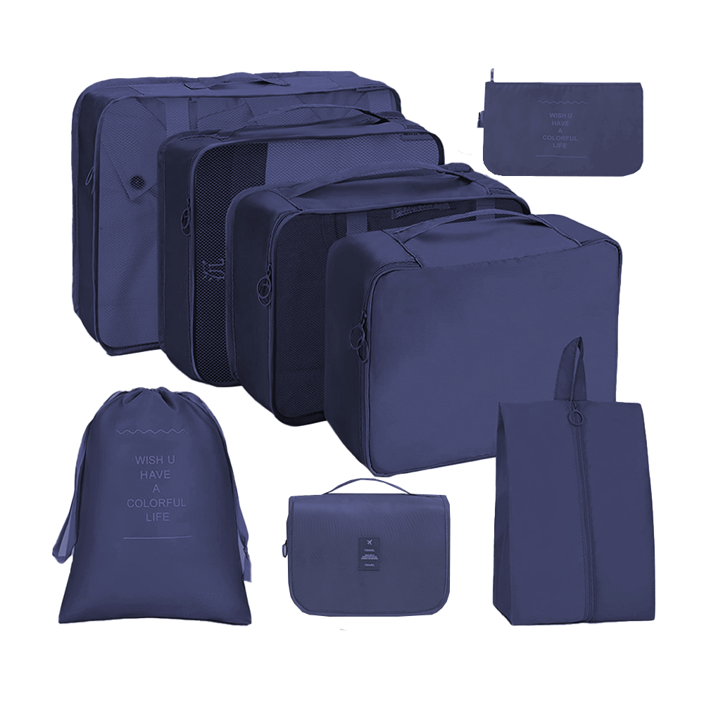 Set 8 Organizatoare Lodi672, pentru calatorie, diferite marimi, 3 genti cu plasa, 1 geanta pentru lenjerie, geanta pentru cosmetice, sac pentru hainele murdare, inchidere cu fermoar dublu, plasa, albastru inchis