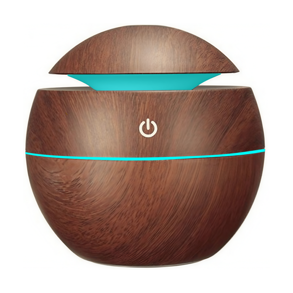 Difuzor Aromaterapie Lodi1465, forma de sfera, 7 culori LED, lumini dinamice, control tactil, capacitate 130ml, silentios, rezerva inclusa, umidifica aerul, stejar inchis
