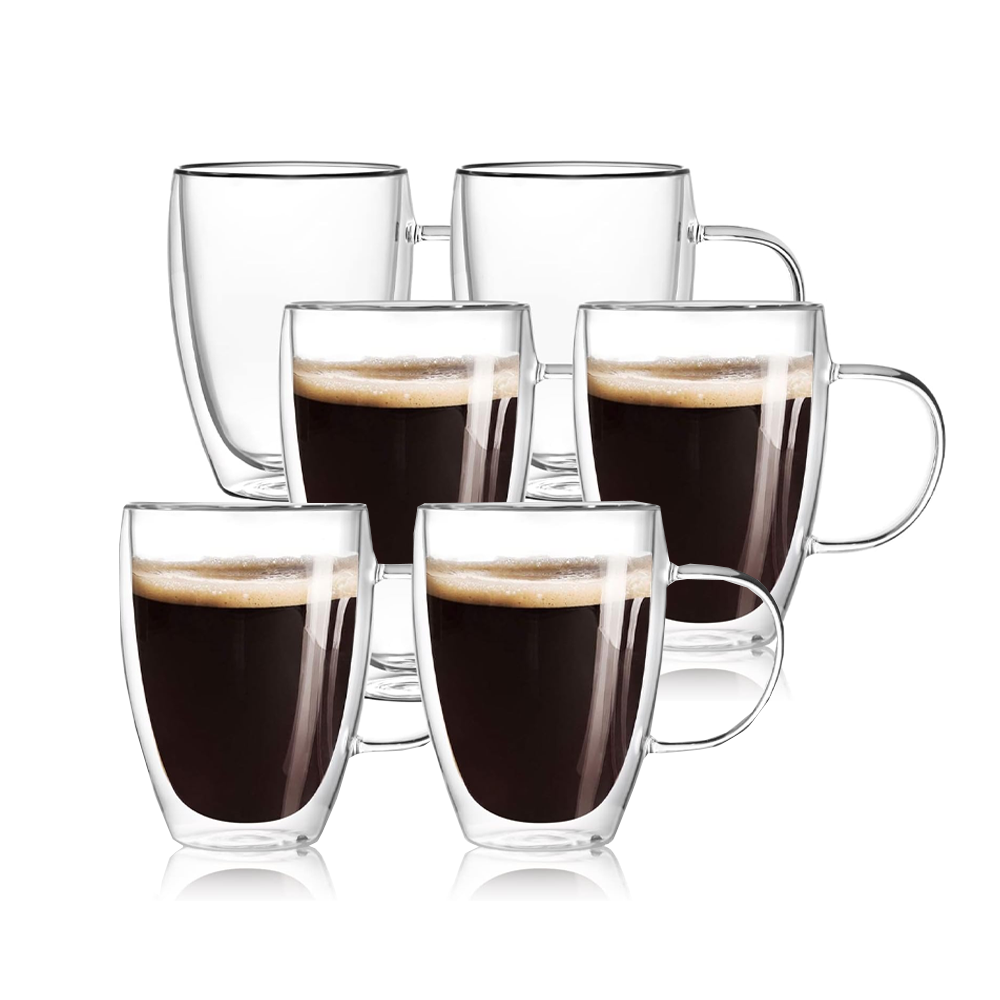 Set 6 Cani de Sticla cu Perete Dublu Lodi421, model rotund, design modern, termorezistente, capacitate 350 ml, 12 x 9 cm