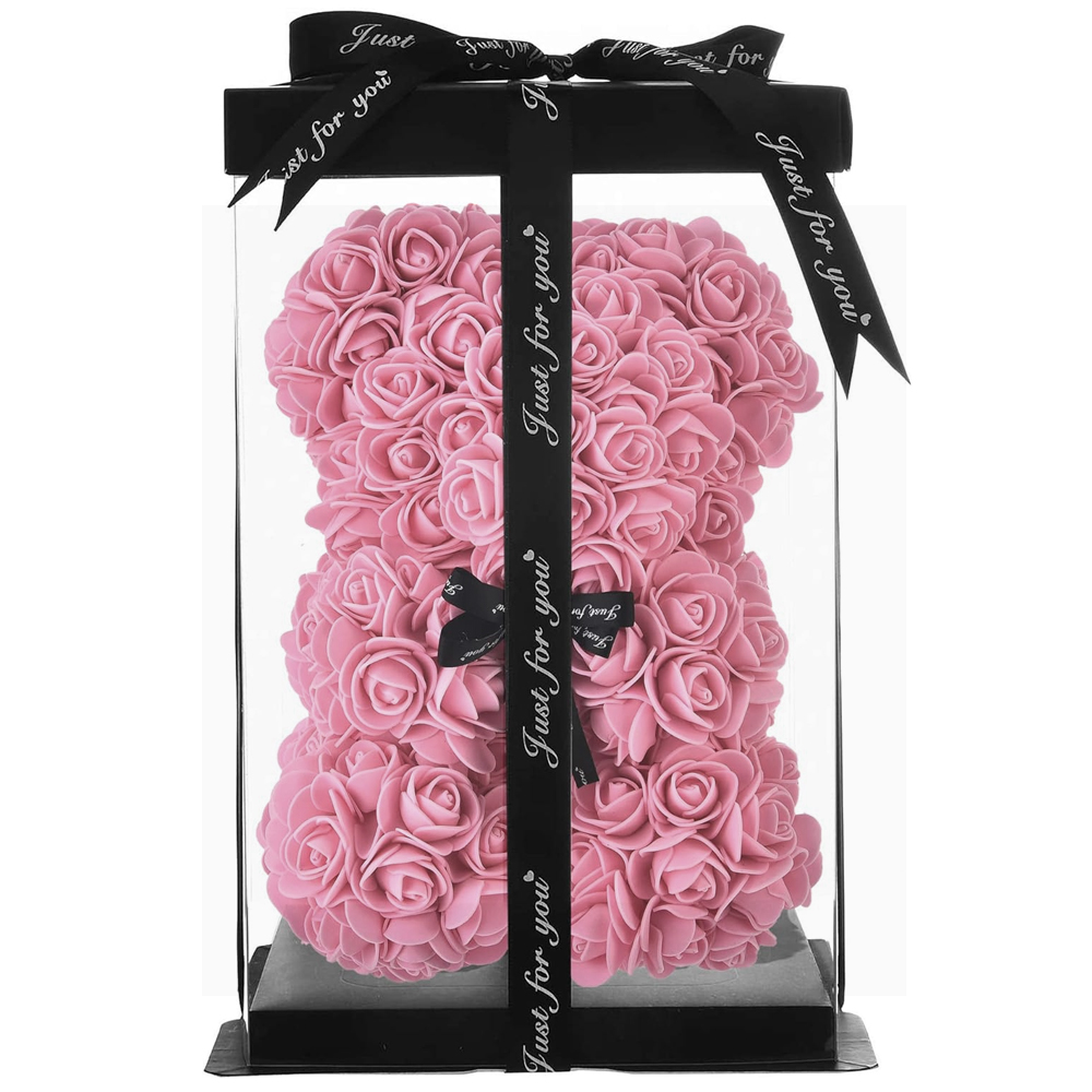 Ursulet din Trandafiri de Spuma Lodi331, floral roz, handmade, cutie transparenta, 25 cm