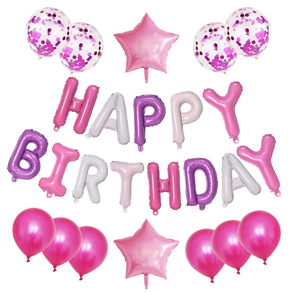 Set 25 Baloane Lodi1042, Litere, pentru Petreceri/Aniversari/Evenimente, confetti, stelute, model HAPPY BIRTHDAY, roz/mov/alb