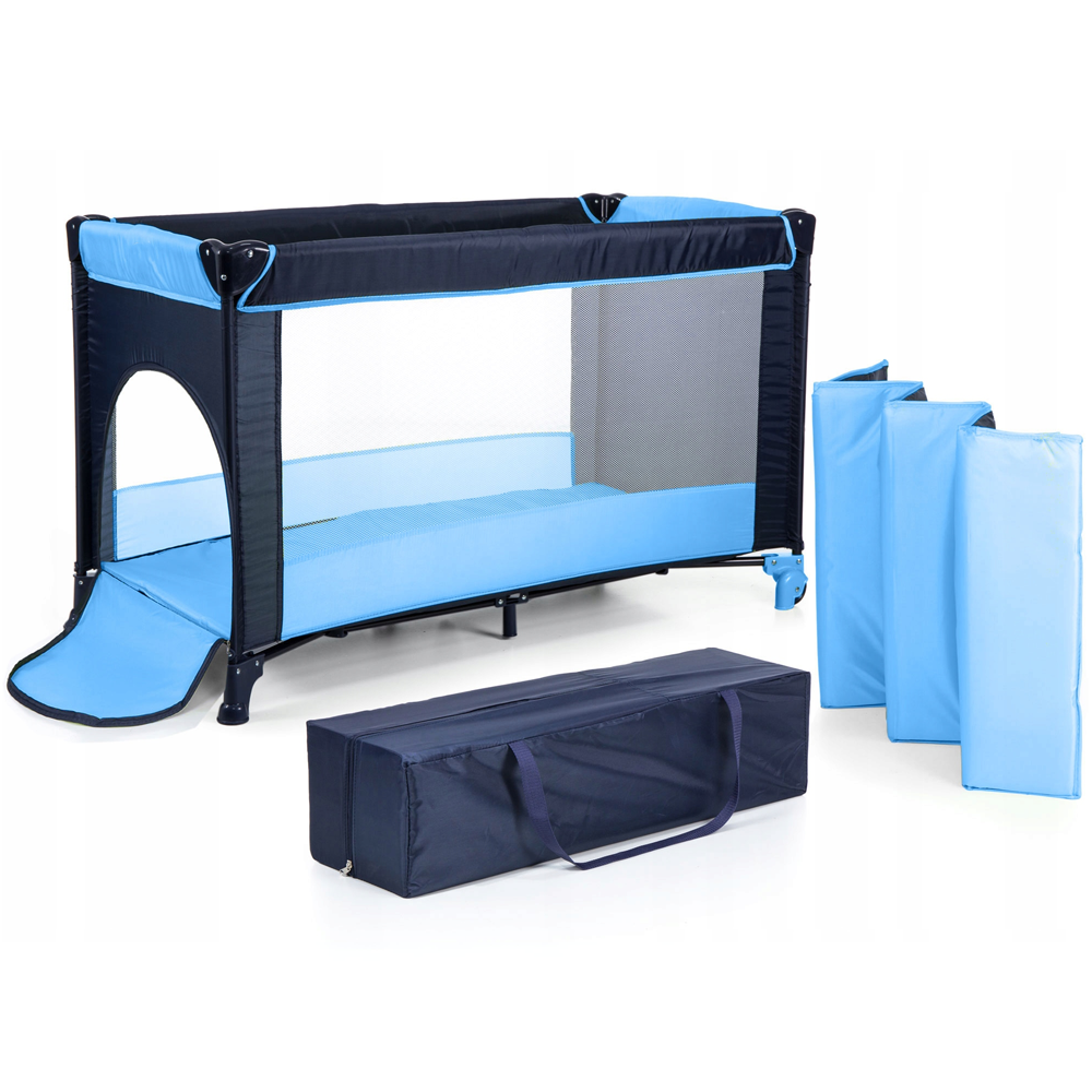 Patut Turistic Pliabil pentru Copii Lodi982, usa cu fermoar exterior, plasa de protectie tantari, materiale calitative, usor de montat, geanta de depozitare, dimensiuni 125x78x65, albastru