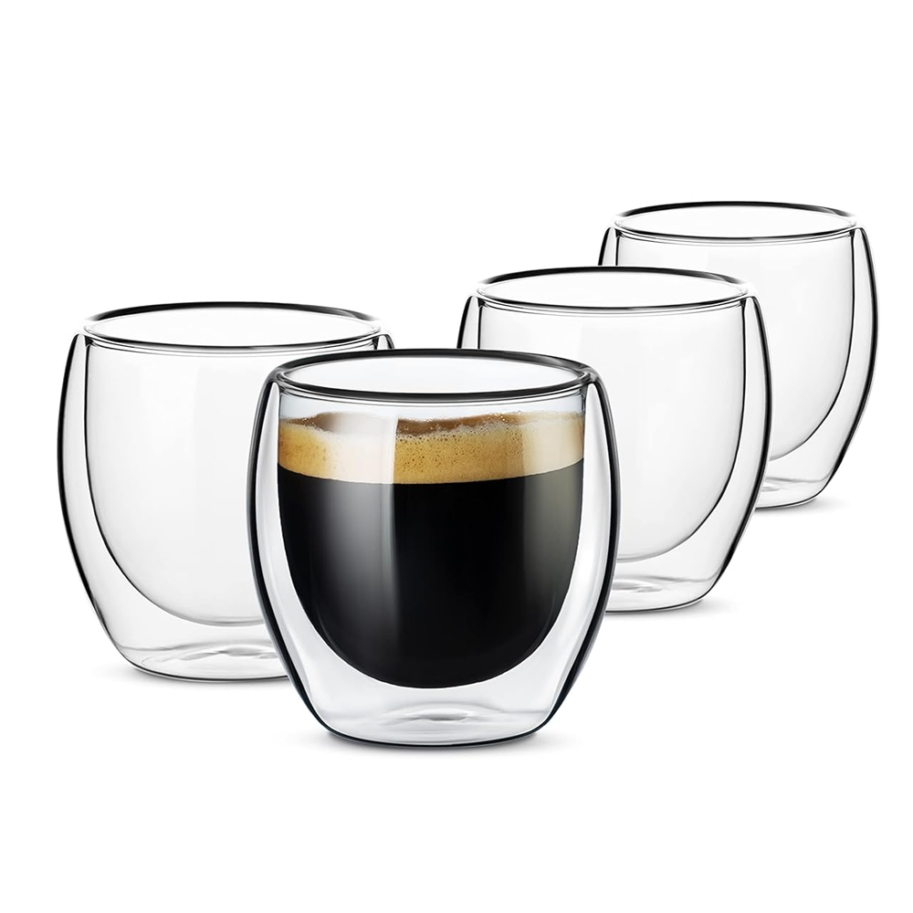 Set 4 pahare din sticla cu perete dublu Lodi419, termorezistente, design modern, capacitate 250 ml, 9 x 8 cm