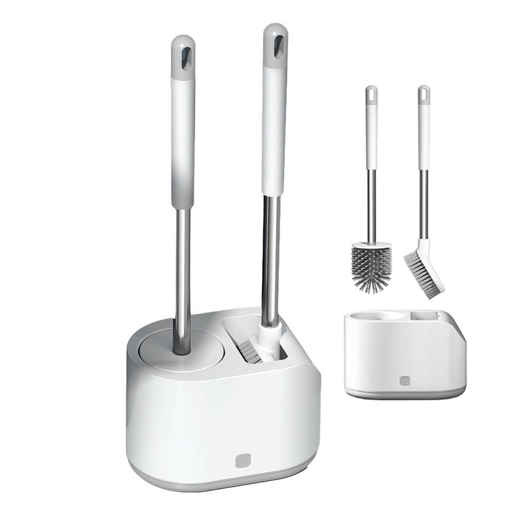 Set 2 Perii pentru Toaleta Lodi1107, perie de silicon, perie zimtata, cap flexibil, suport adeziv pentru montarea pe perete, curata orice tip de suprafata, alb/gri