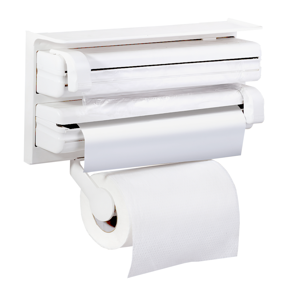 Dispenser de Bucatarie Multifunctional Lodi1491, 4 in 1, pentru folie alimentara/ folie de aluminiu/ hartie de copt si servetele, rezistent, montare usoara cu suruburi, compatibil cu diverse dimensiuni de role, alb