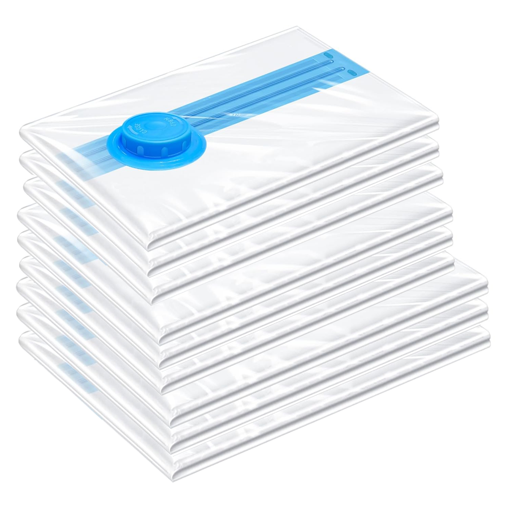 Set 12 Saci de Vidat Lodi1414, pentru imbracaminte, pilote, perne, rezistenti, valva tripla, materiale calitative, protectie waterproof, reutilizabili, vidare prin vacuum, 4 marimi, transparent/albastru