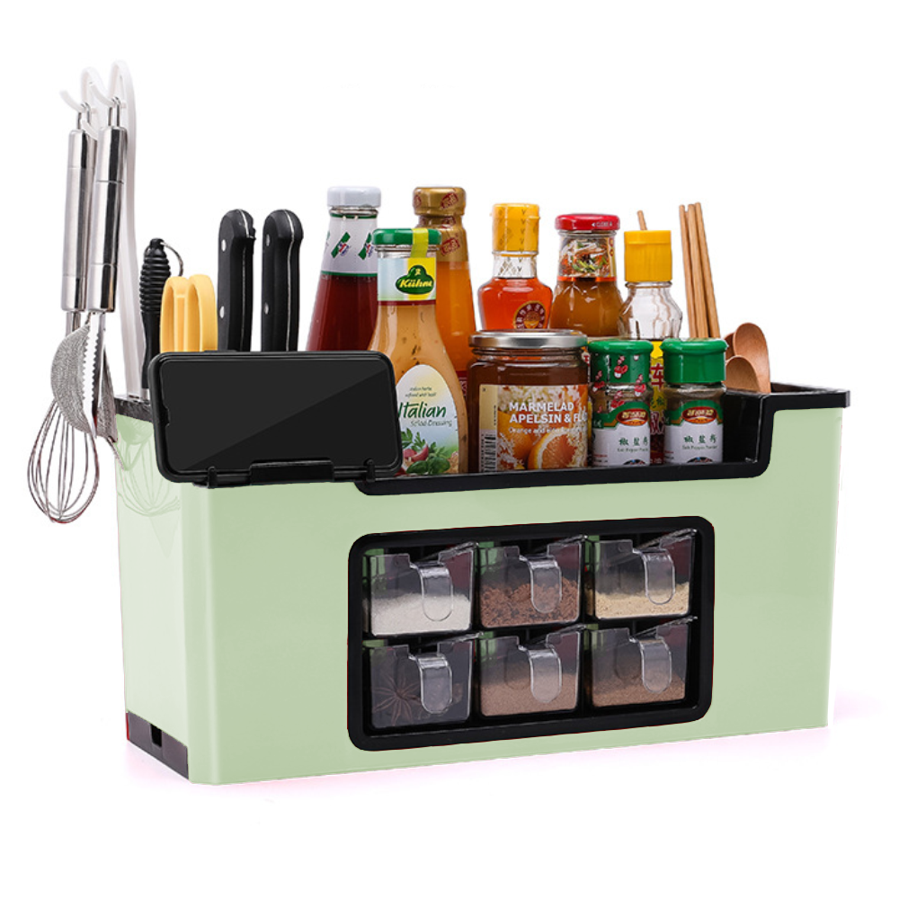 Organizator Multifunctional pentru Bucatarie Lodi683, 6 Compartimente, raft condimente, suport detasabil telefon, tavita de scurgere, suport tacamuri/ustensile, verde deschis