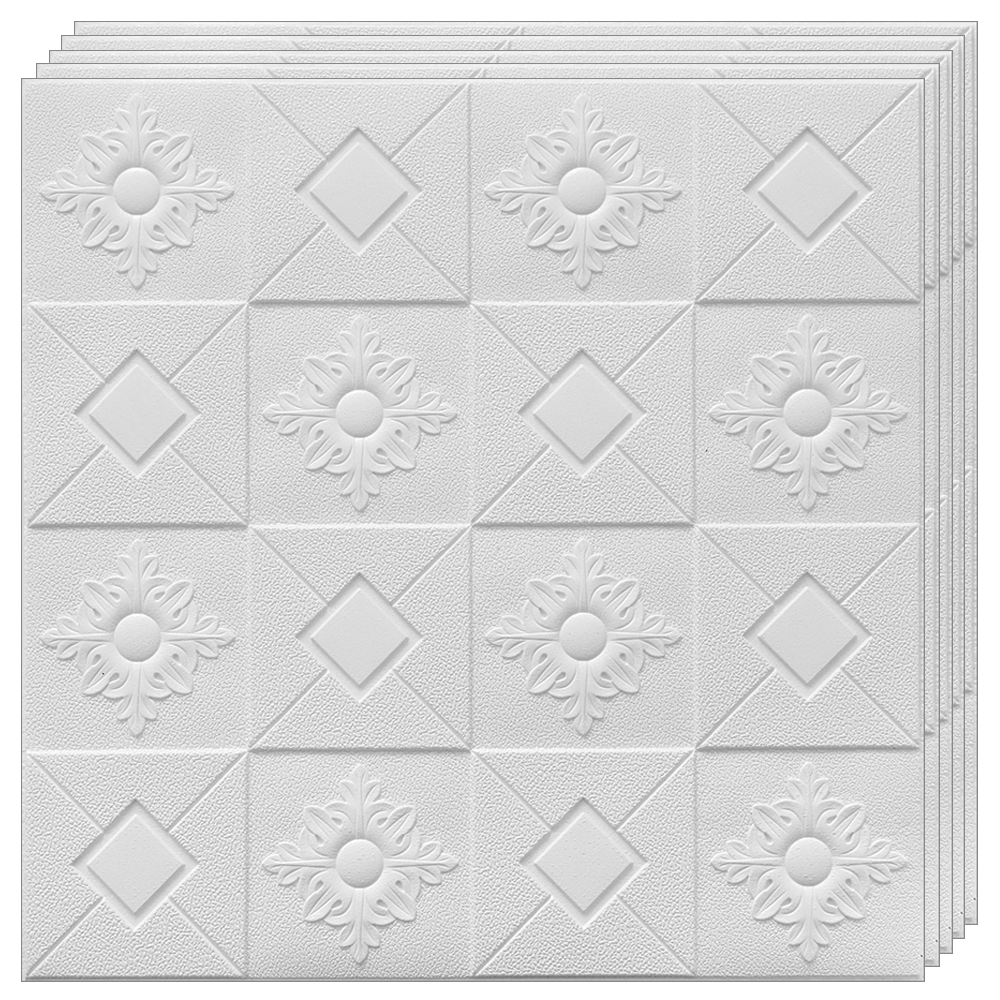 Set 10x Tapet 3D Lodi847, suprafata acoperire 4.9 mp, autoadeziv, Model Patrate si Romburi, perete/tavan, waterproof, usor de montat, design modern, 70x77 cm, alb