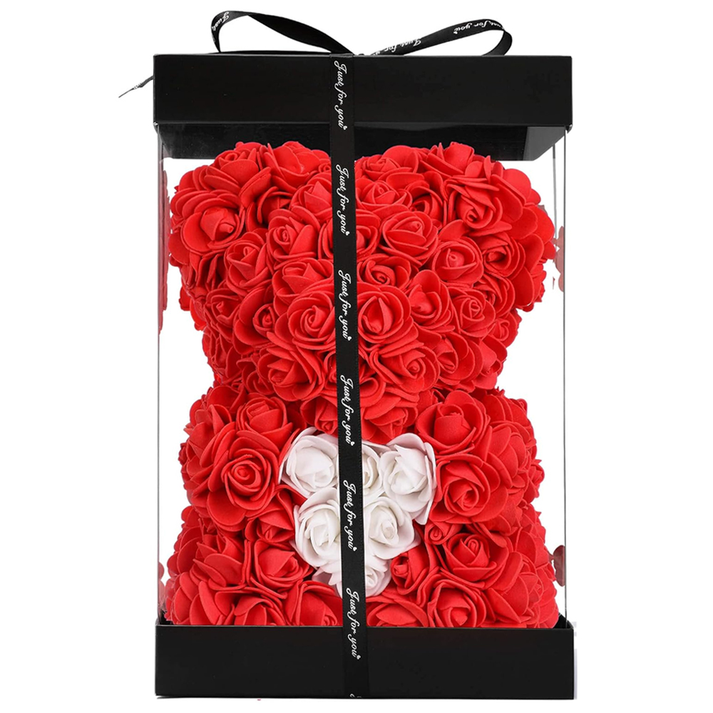 Ursulet din Trandafiri de Spuma Lodi334, floral rosu cu burtica alba, handmade, cutie transparenta, 25 cm