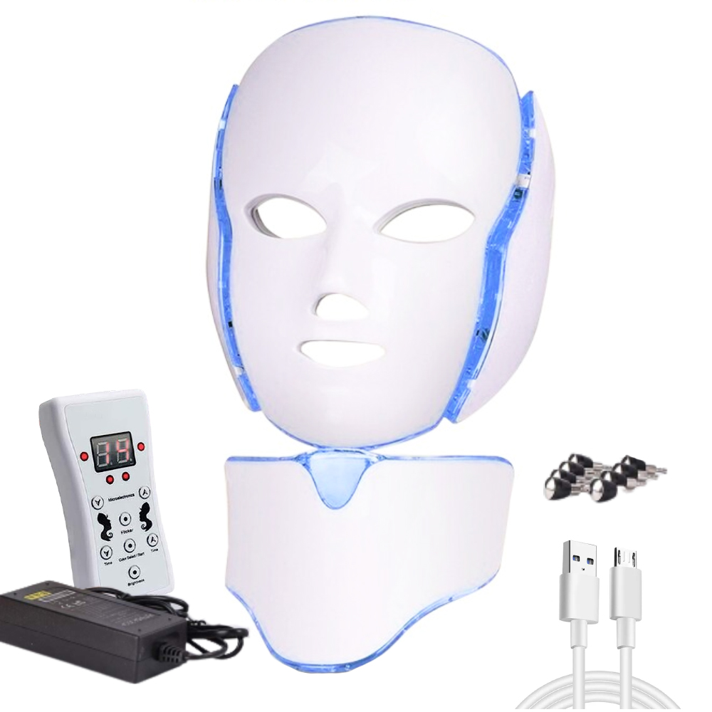 Masca Faciala 7in1 cu Led Lodi8, beneficii anti-imbatranire, reducerea ridurilor/acnee/pete, iluminare ten, curent galvanic, tratament complet, alb