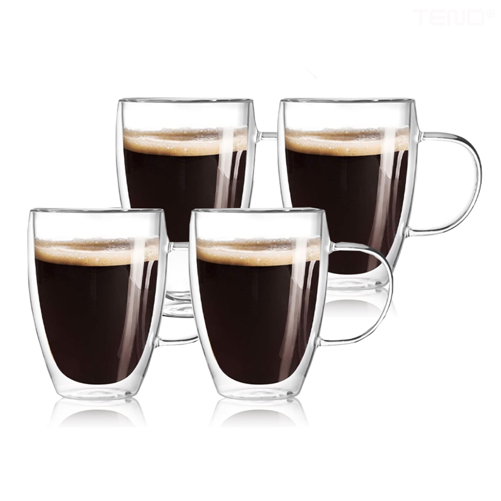 Set 4 Cani de Sticla cu Perete Dublu Lodi859, model rotund, design modern, termorezistente, capacitate 350 ml, 12 x 9 cm