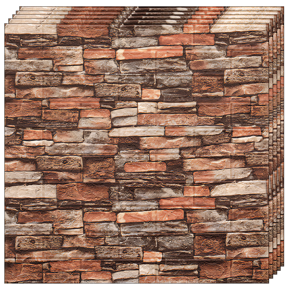 Set 10x Tapet Caramida 3D Lodi1089, Model Piatra Naturala, suprafata acoperire 5.3. mp, autoadeziv, waterproof, usor de montat, design modern, 70x77 cm, maro rosu