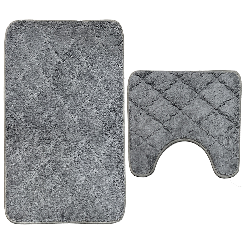 Set 2 Covorase de Baie Lodi1015, anti-derapante, material moale, design modern, model floral, 80x50 & 50x40cm, gri