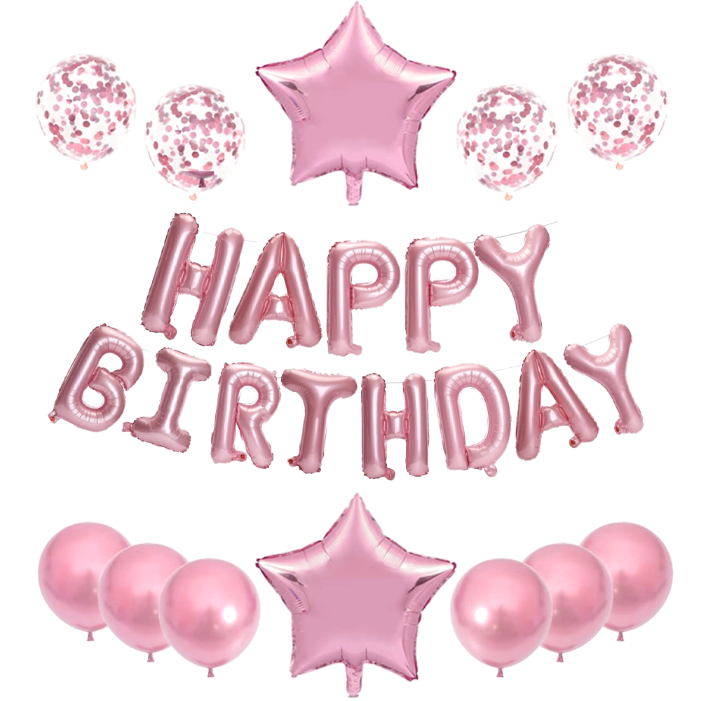 Set 25 Baloane Lodi717, Litere, pentru Petreceri/Aniversari/Evenimente, confetti, stelute, model HAPPY BIRTHDAY, rose