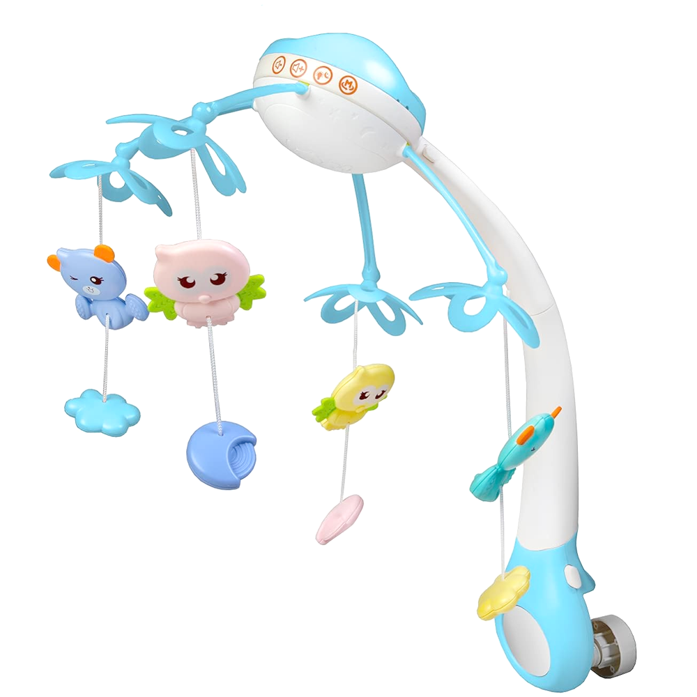 Carusel Muzical pentru Patut Lodi525, Bebe, control prin telecomanda, proiector, muzica si lumini, jucarii detasabile, albastru deschis