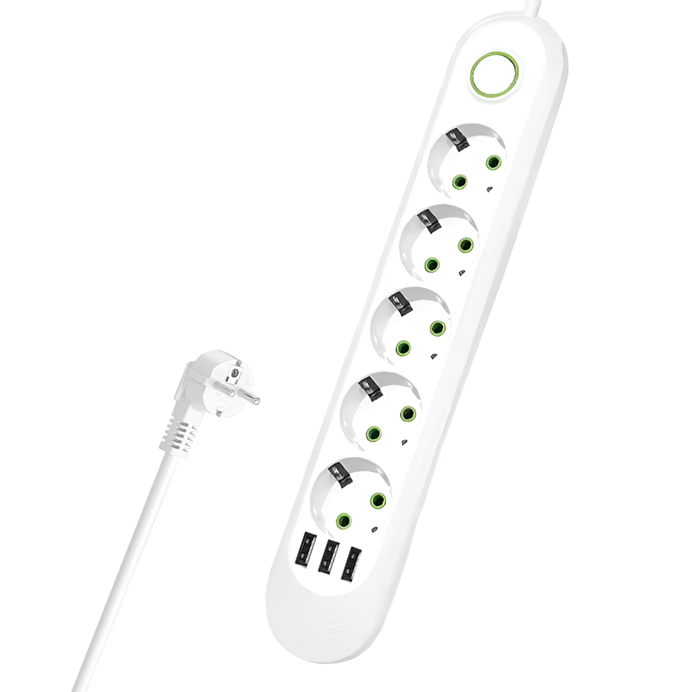 Prelungitor Lodi1278, 5 prize, 3 porturi USB, intrerupator, suport de agatare incorporat, rezistent la temperaturi inalte, universal, lungime 3 metri, alb