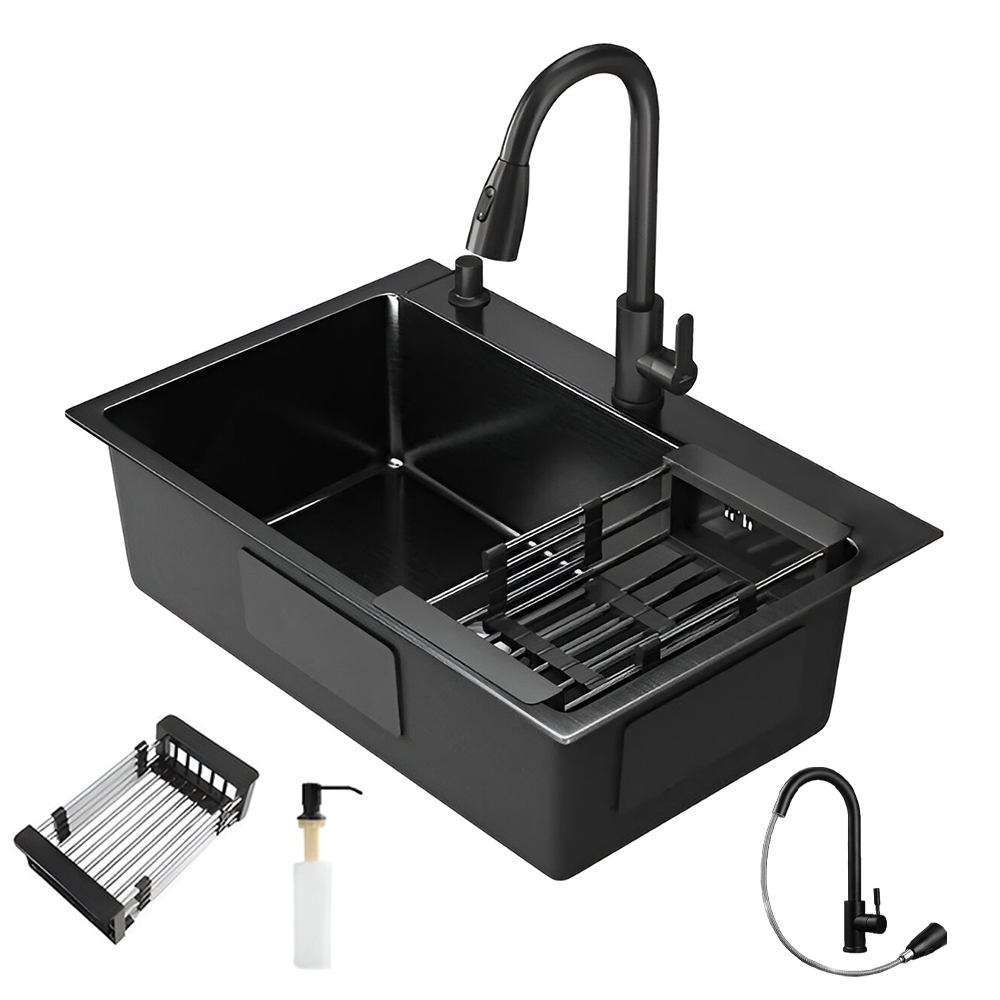 Chiuveta Multifunctionala pentru Bucatarie Lodi1218, materiale premium, baterie extensibila cu furtun de 60 de cm, rotire 360°, dozator de sapun inclus, scurgator de vase detasabil, adanca, usor de montat, negru mat