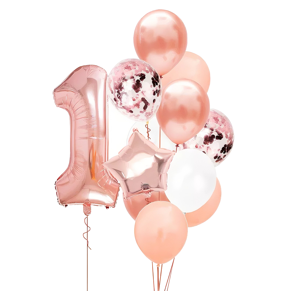Set 12 Baloane Lodi1060, Cifra 1, pentru Petreceri/Aniversari/Evenimente, Stea/Rotunde/Confetti, 3 culori, latex, rose gold
