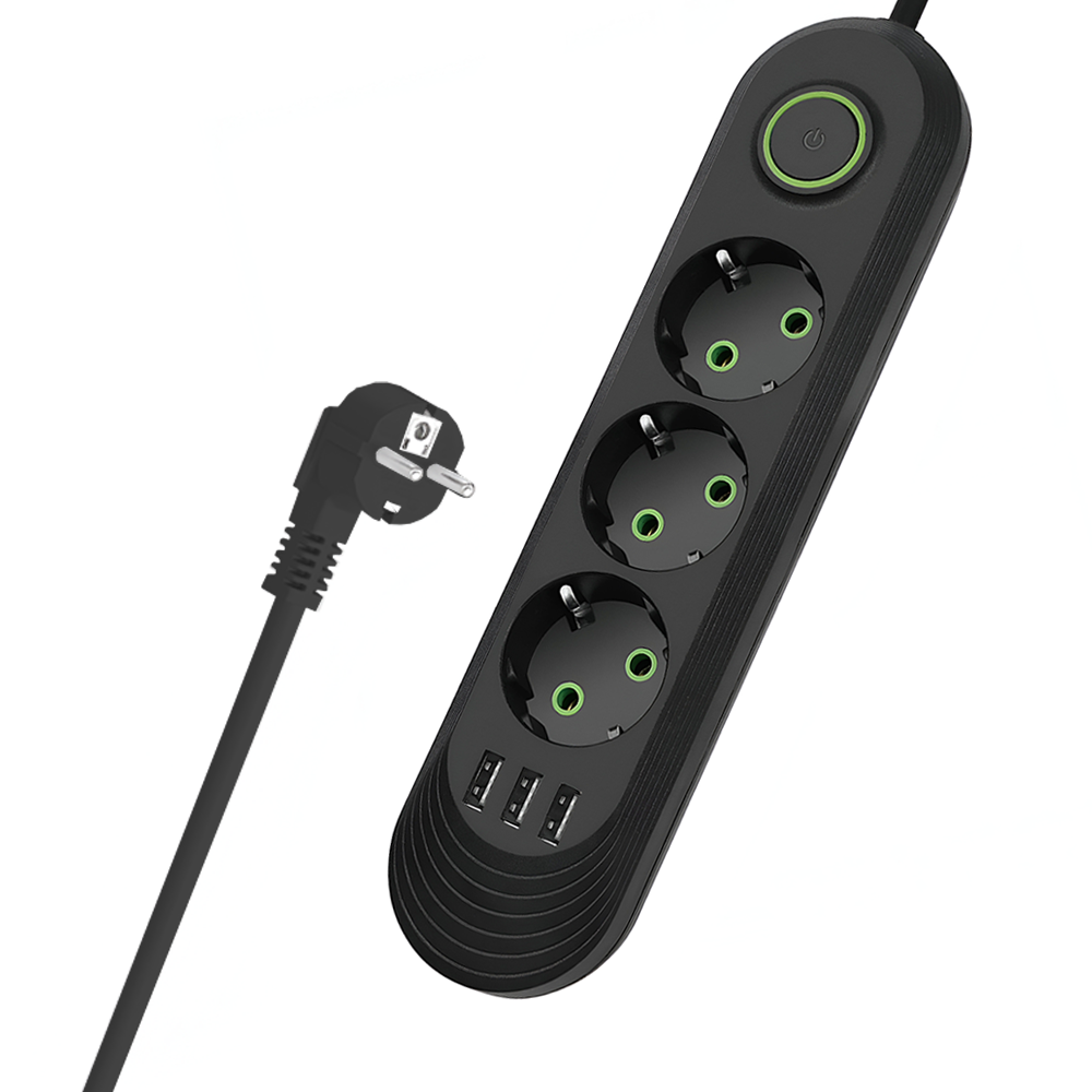Prelungitor Lodi1277, 3 prize, 3 porturi USB, intrerupator, suport de agatare incorporat, rezistent la temperaturi inalte, universal, lungime 2 metri, negru