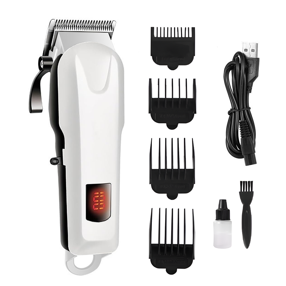 Aparat de tuns barba Lodi979, afisaj digital, 4 piepteni inclusi, incarcare la retea, lame ascutite, usor de curatat, trimmer profesional, alb
