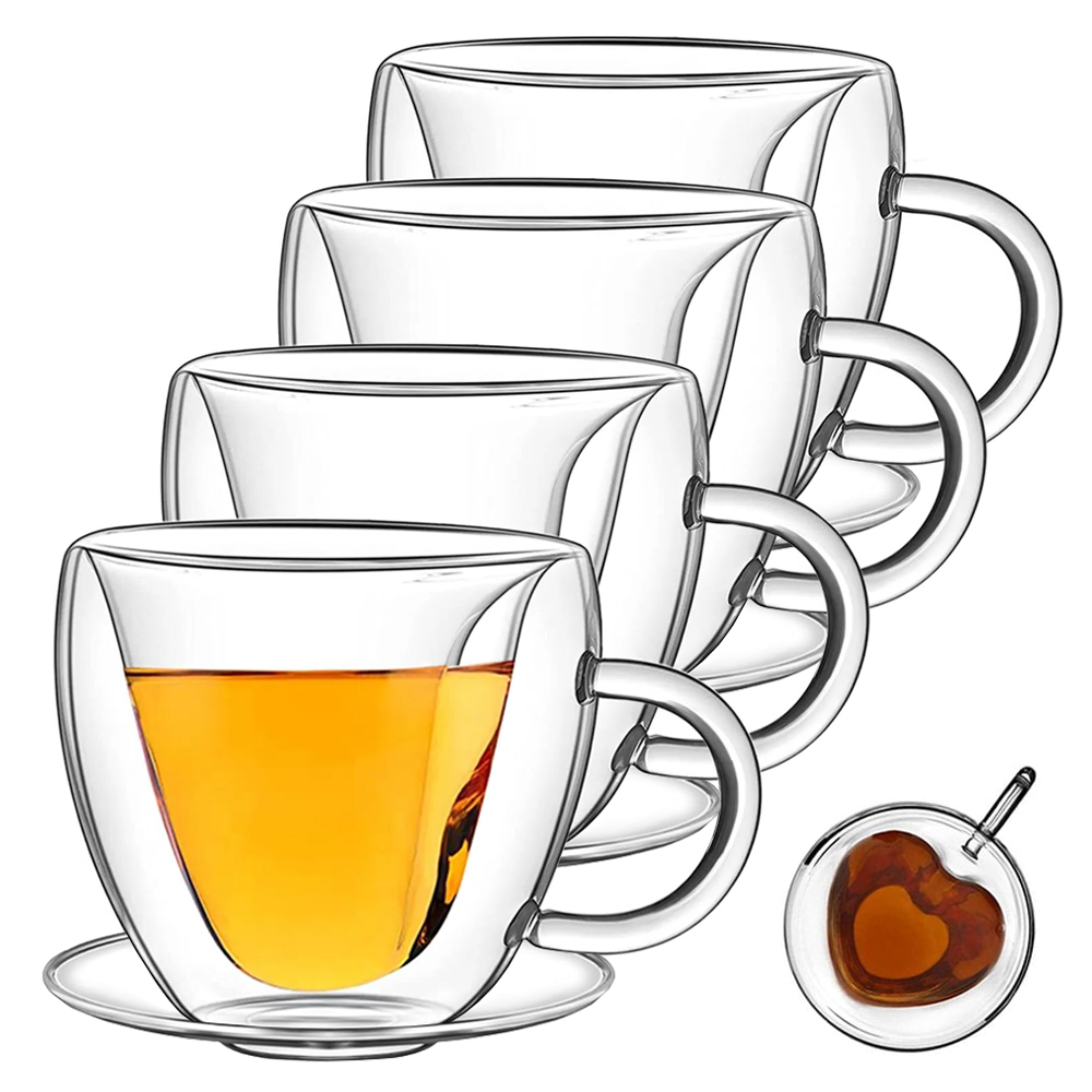 Set4 Cani de Sticla cu Perete Dublu Lodi1001, model inimioara, 4 farfurii suport, design modern, termorezistente, capacitate 250 ml, 9 x 8 cm