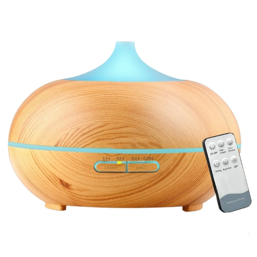 Difuzor Aromaterapie Lodi213, 7 culori LED, 2 jocuri de lumini, control prin telecomanda, capacitate 500ml, silentios, umidifica aerul, stejar deschis