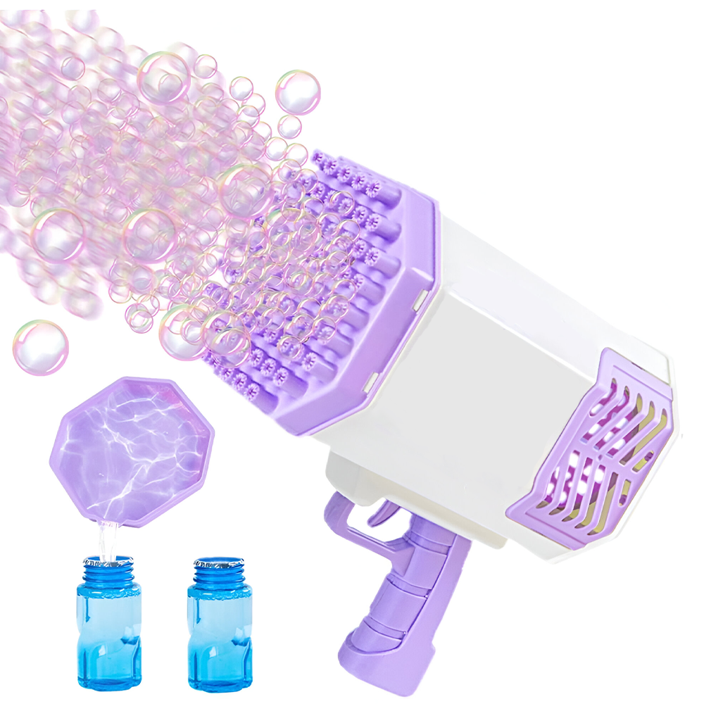 Pistol de Facut Baloane Bubble Gun Lodi1215, tip Bazooka, automat, 34 orificii pentru bule, alimentare cu baterii, mov/alb