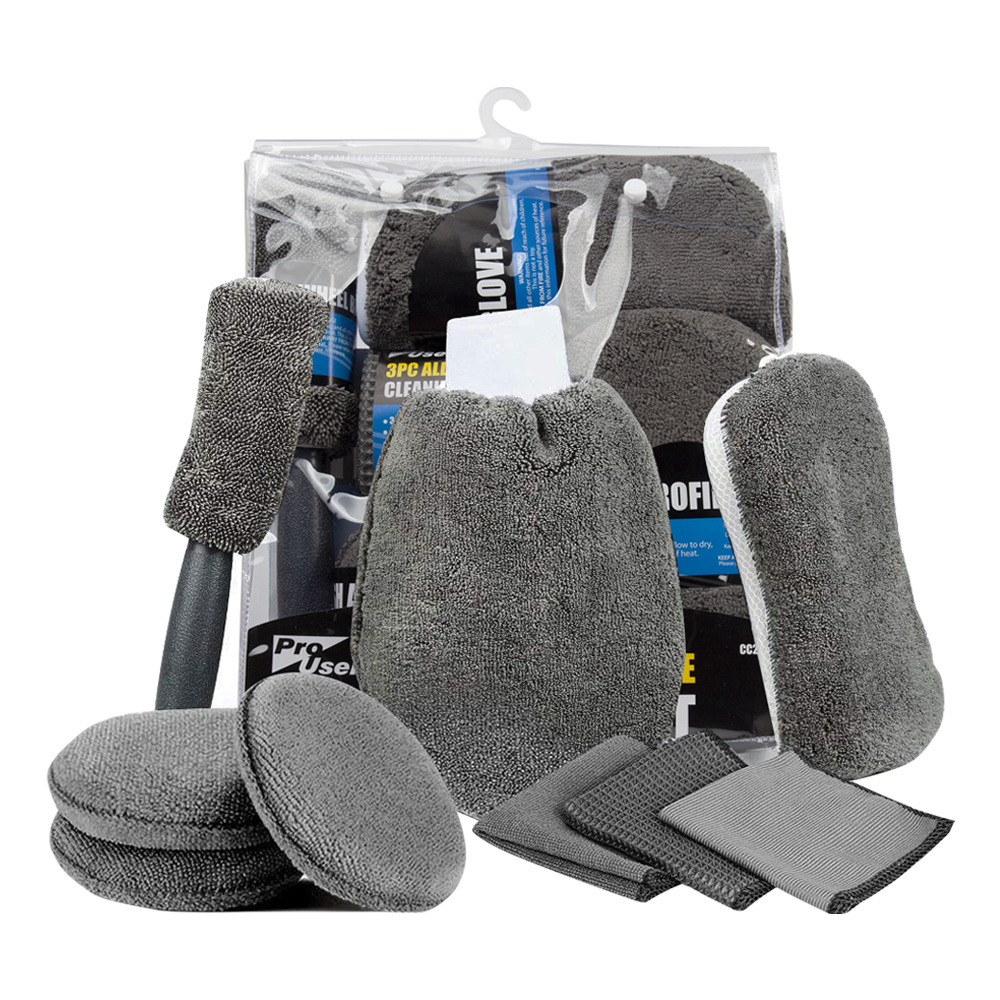 Kit pentru Curatare si Detailing Auto Lodi724, interior/exterior, pamatuf, manusa, burete dublu, 3 lavete, 3 piese pentru lustruire, microfibra, gri