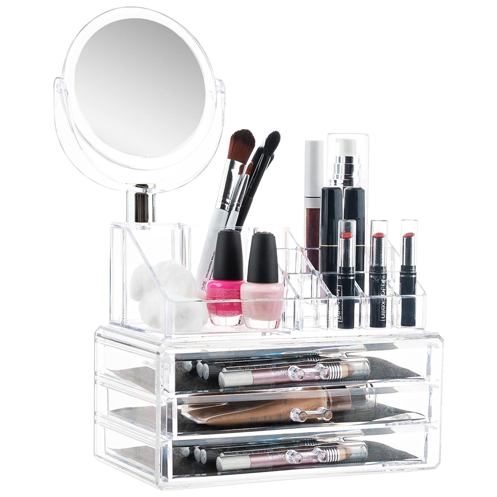Organizator Cutie Depozitare pentru Produse Cosmetice Lodi472, bijuterii si alte obiecte, 3 sertare, oglinda incorporata, piese detasabile, transparent, 24 x 35 cm