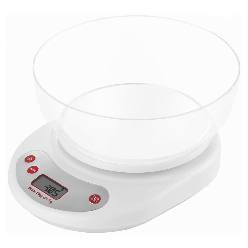 Cantar Electronic de Bucatarie Lodi646, bol inclus, capacitate maxima 5 kg, acuratete 1 g, afisaj digital, resetare la pornire, 3 unitati de masura, functionare cu baterii 2 x AA, alb