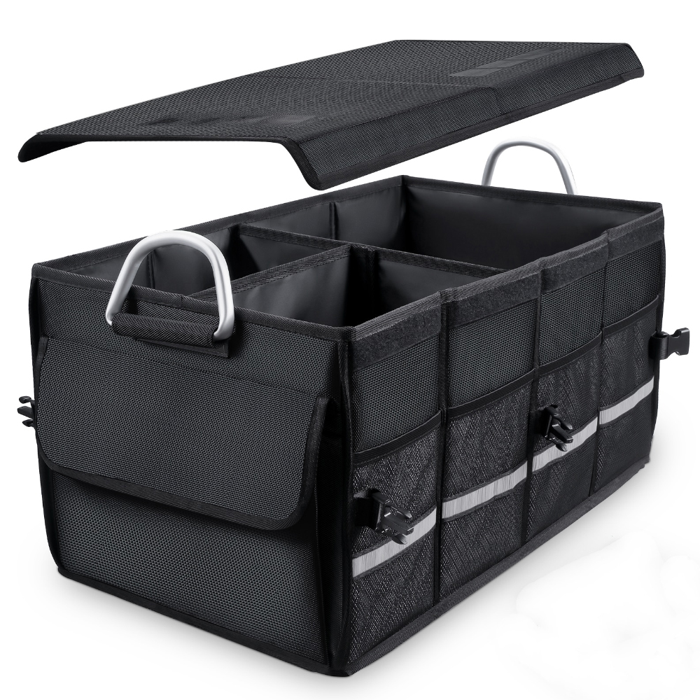 Organizator Auto Portbagaj Lodi292, 8 compartimente, pliabil, impermeabil, portabil, manere aluminiu, multifunctional, universal, capac inclus, negru
