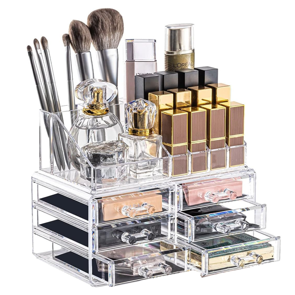 Organizator Cutie Depozitare pentru Produse Cosmetice Lodi473, bijuterii si alte obiecte, 6 sertare, piese detasabile, transparent, 24 x 19 cm