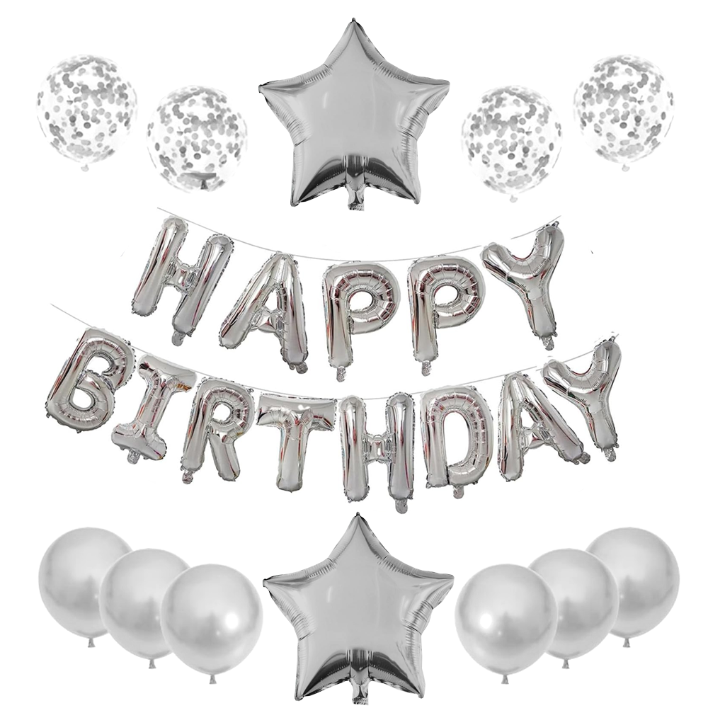 Set 25 Baloane Lodi718, Litere, pentru Petreceri/Aniversari/Evenimente, confetti, stelute, model HAPPY BIRTHDAY, argintiu