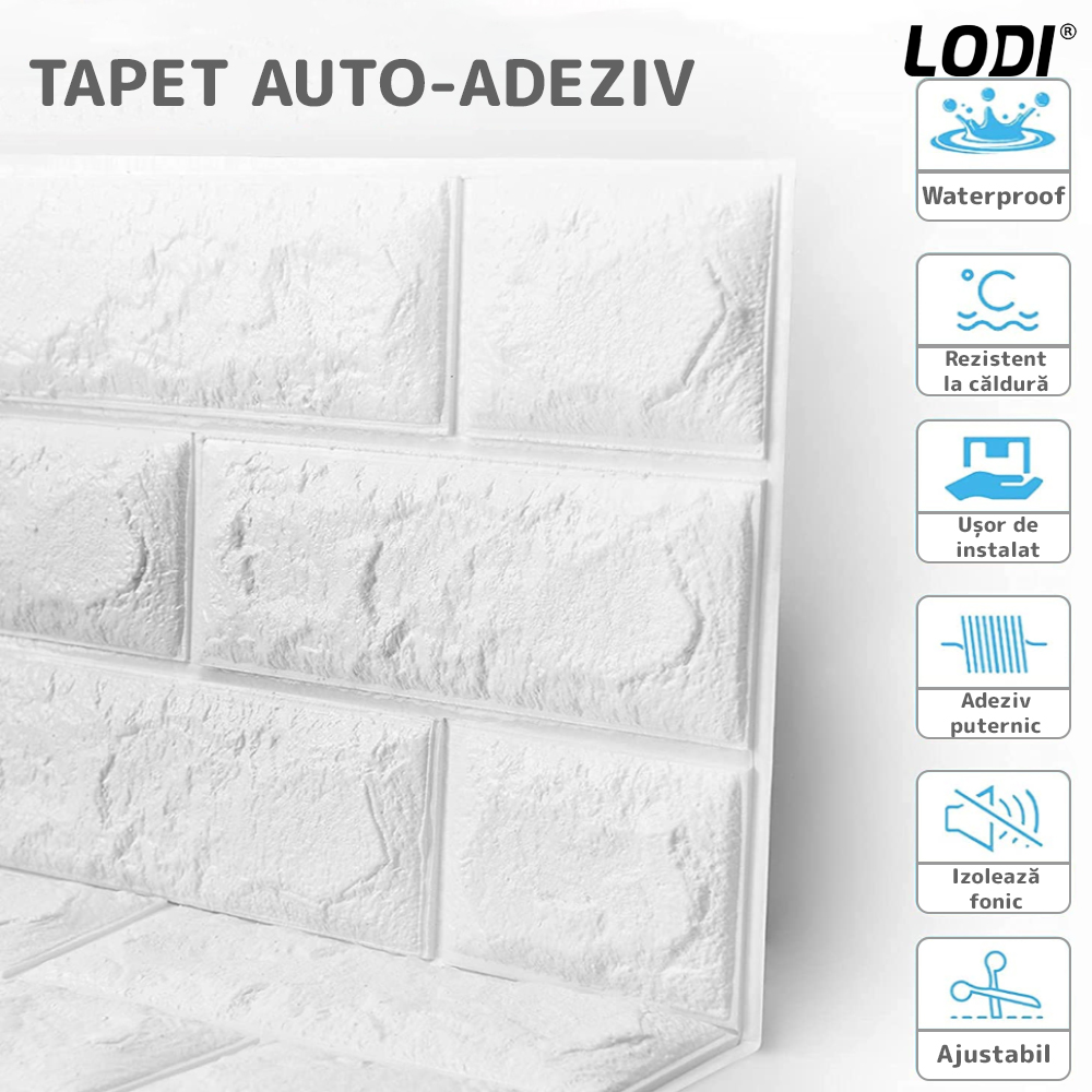 Set Tapet Caramida 3D Lodi51, suprafata acoperire 5.3 mp, autoadeziv, waterproof, usor de montat, design modern, 70x77 cm, alb