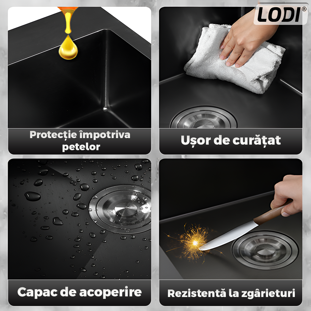 Chiuveta Multifunctionala pentru Bucatarie Lodi1218, materiale premium, baterie extensibila cu furtun de 60 de cm, rotire 360°, dozator de sapun inclus, scurgator de vase detasabil, adanca, usor de montat, negru mat