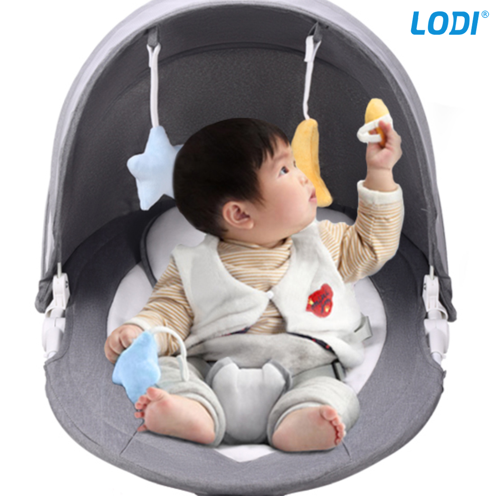 Leagan Electric Lodi122, conectivitate Bluetooth, telecomanda, tava detasabila, acoperis rabatabil, plasa protectie tantari pentru bebelusi, jucarii, muzica, gri