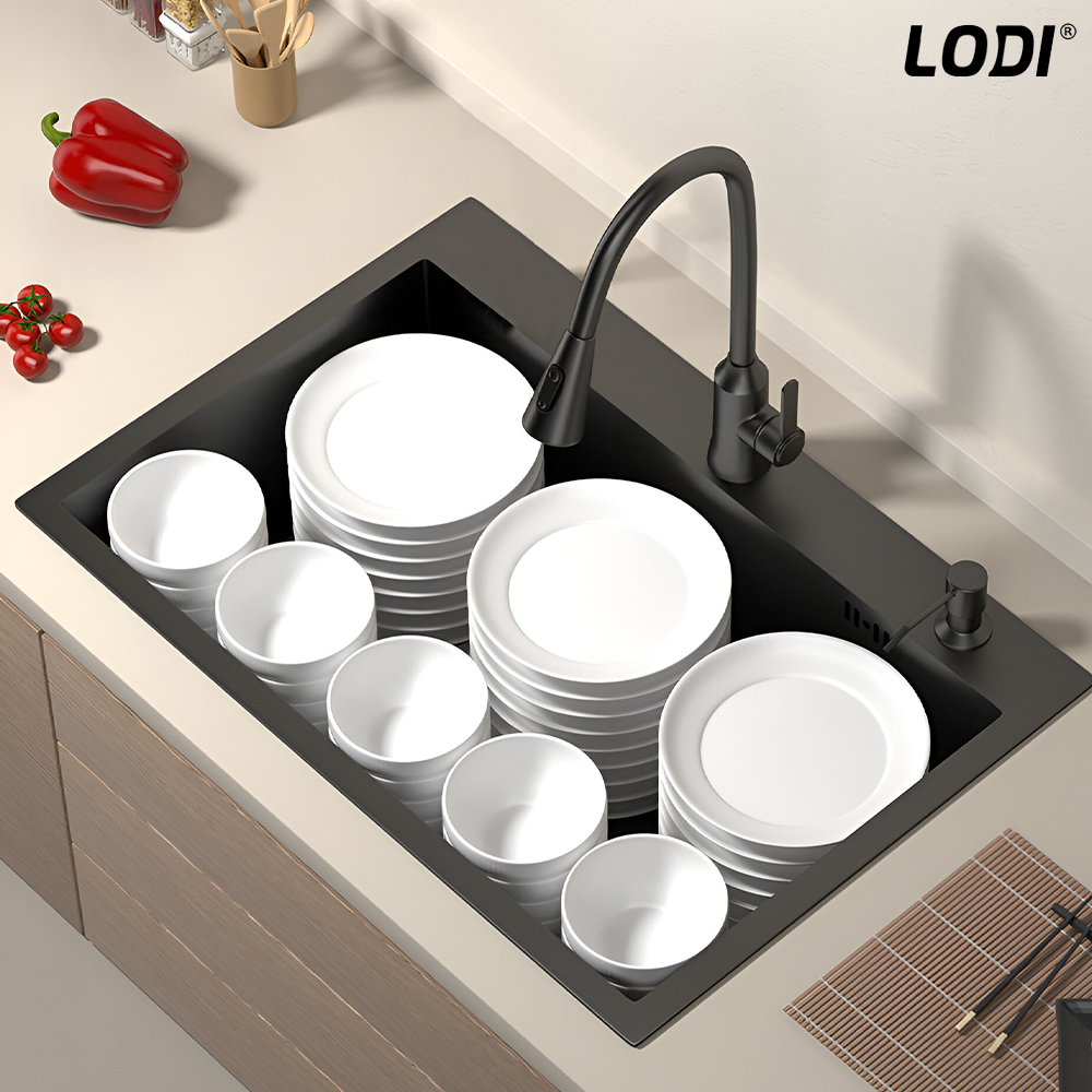 Chiuveta Multifunctionala pentru Bucatarie Lodi1218, materiale premium, baterie extensibila cu furtun de 60 de cm, rotire 360°, dozator de sapun inclus, scurgator de vase detasabil, adanca, usor de montat, negru mat