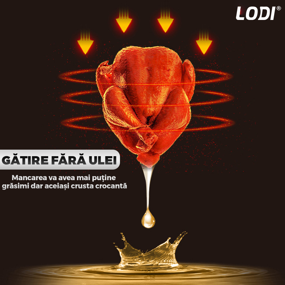 Friteuza Dubla Fara Ulei Air Fryer Lodi855, 100 tavi de copt cadou,tehnologie smart sensing, programe smart chef automate, afisaj digital, capacitate 8 L, tehnologie de eliminare a grasimii, functie de pastrare la cald,tensiune alimentare 220-240 V, negru